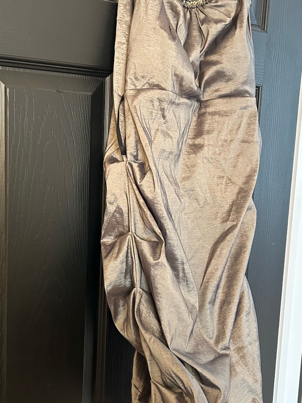 Xscape Embellished Neckline Metallic Taupe Evening Dress - Picture 2 of 4